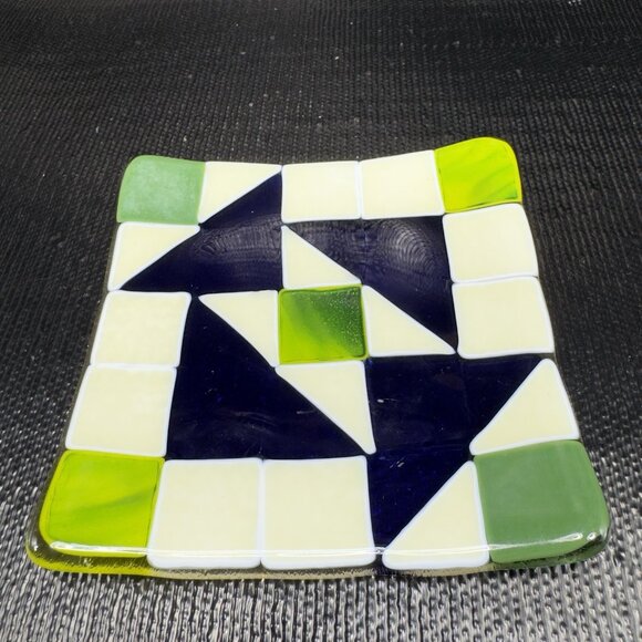 Hand Made Geometric Square Fused Glass Dish Plate Artist Signed Multicolored VTG - Picture 9 of 15